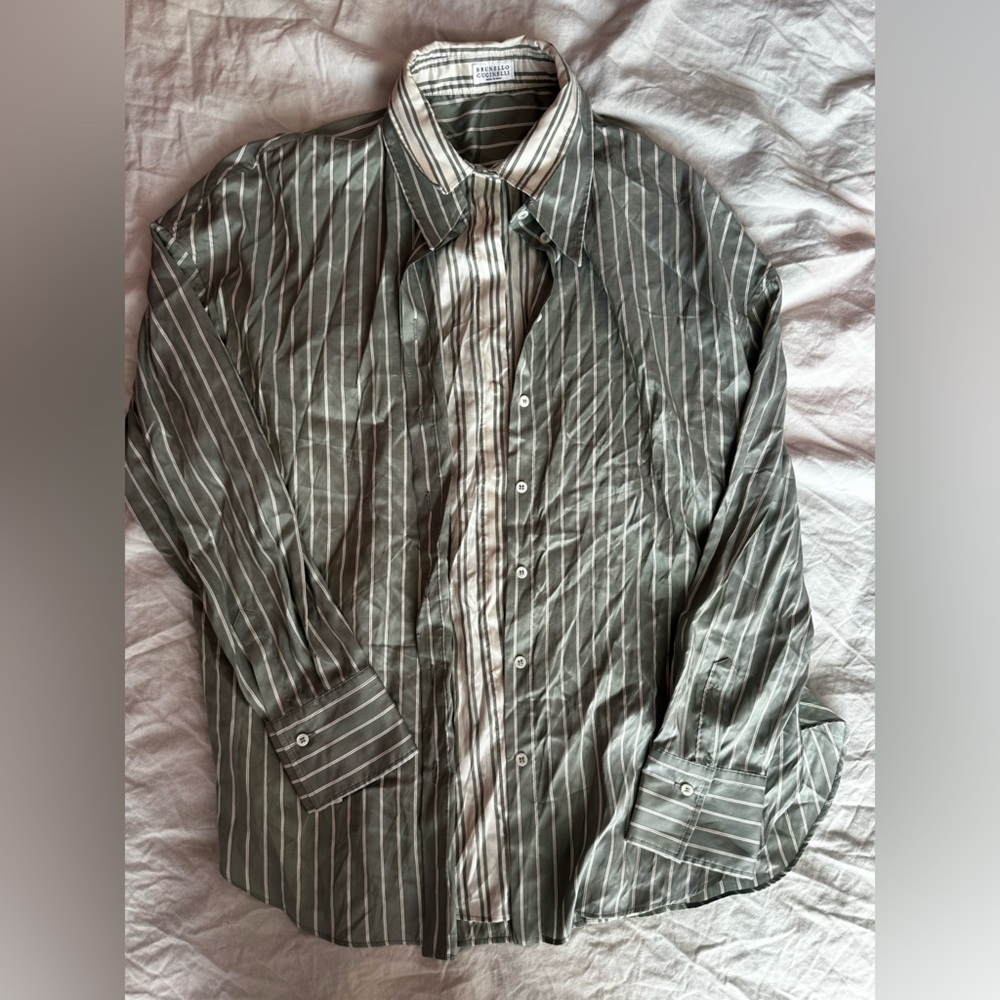 Brunello Cucinelli Women’s 100% Silk Sage Green Striped Button-Up Dress Shirt L